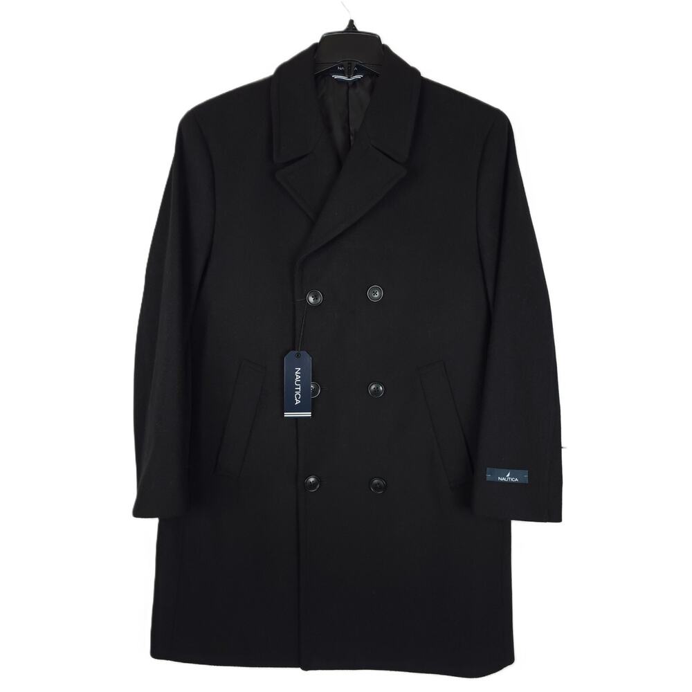 Nautica Mens Classic Fit Overcoat 40L Black Solid Wool Blend Double Breasted NWT